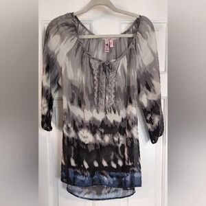 Dolled Up Women's Sheer Multicolor Peasant Style Blouse Top Size L.